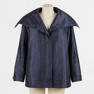 Vtg Navy Blue Metallic Drape Jacket 18 XL Silk Grunge Indie Sleaze Y2K Funky